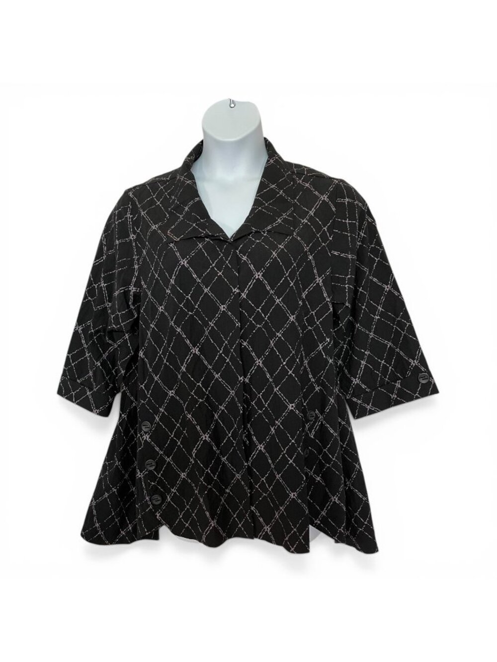 Habitat Women XL Black A-Line Button Front Top Tunic Lagenlook Black & Lilac